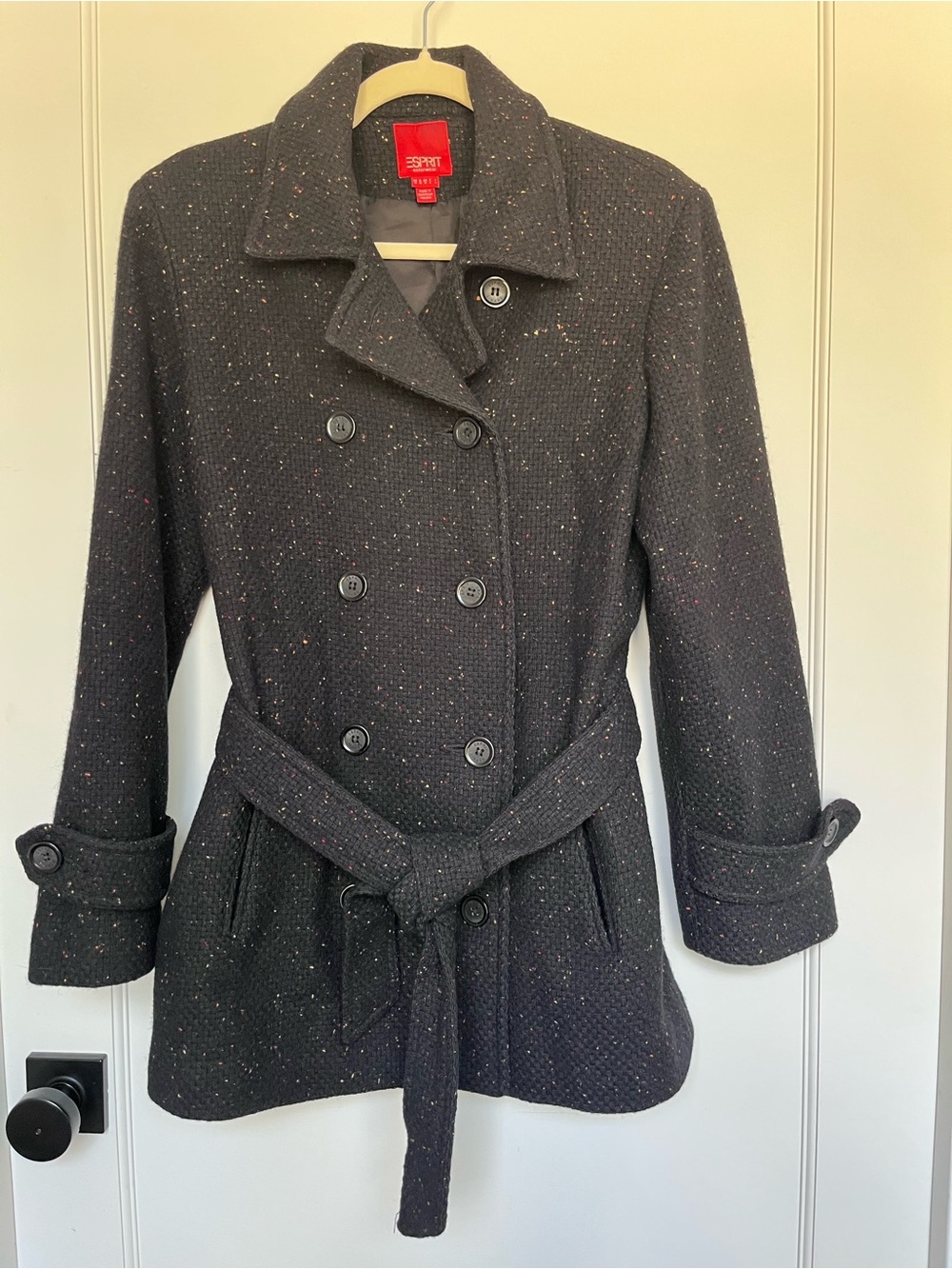 Esprit Women's M Black Multicolor Speckled Double-Breasted Belted Wool Coat Y2K